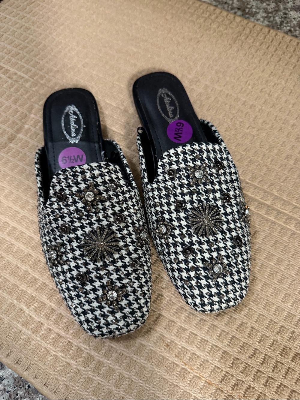 Embellished Houndstooth Slip-On Mules - Black & White